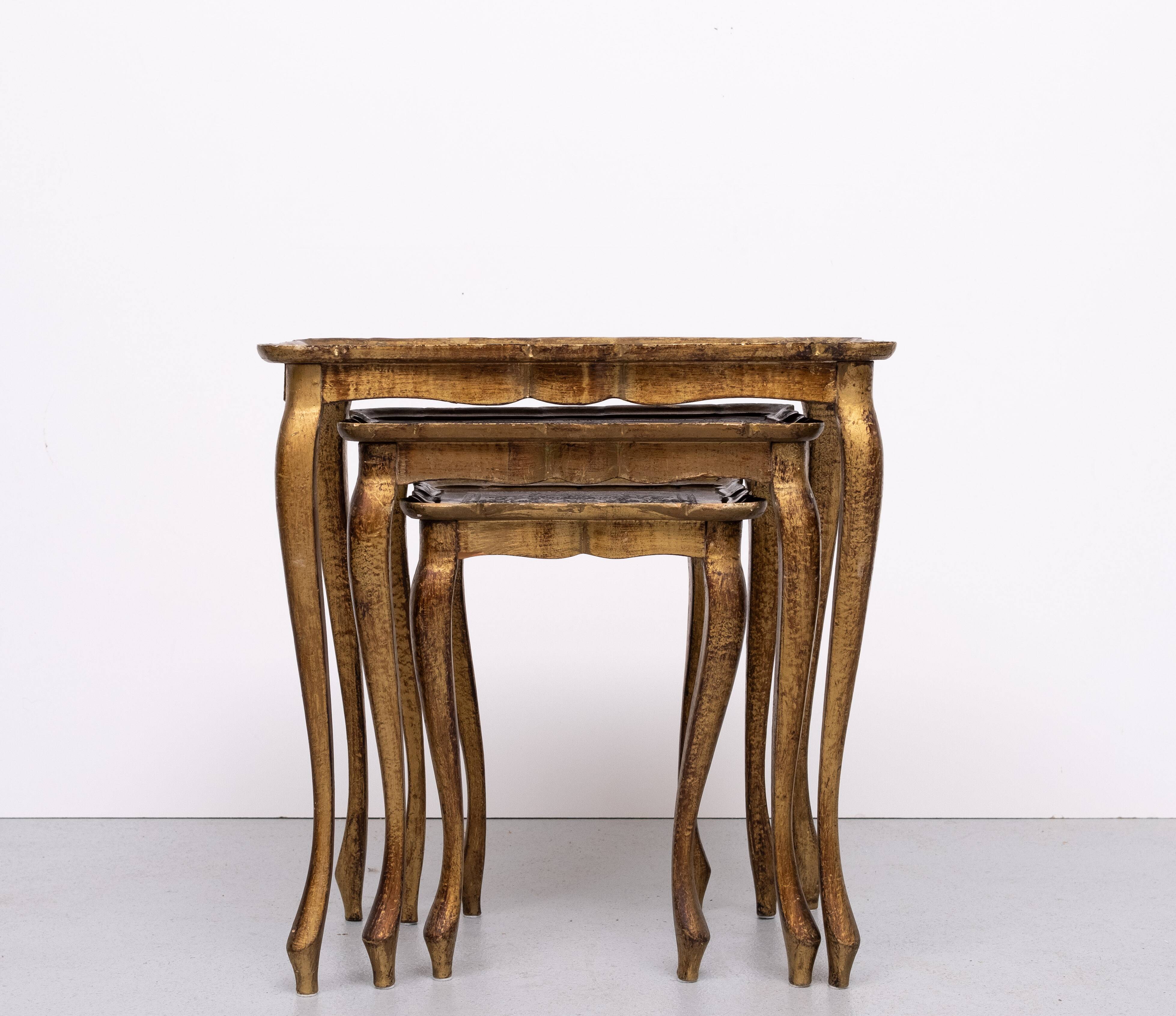 Triptych Florentine Gold and Red Wood Italian nesting Tables, 1960