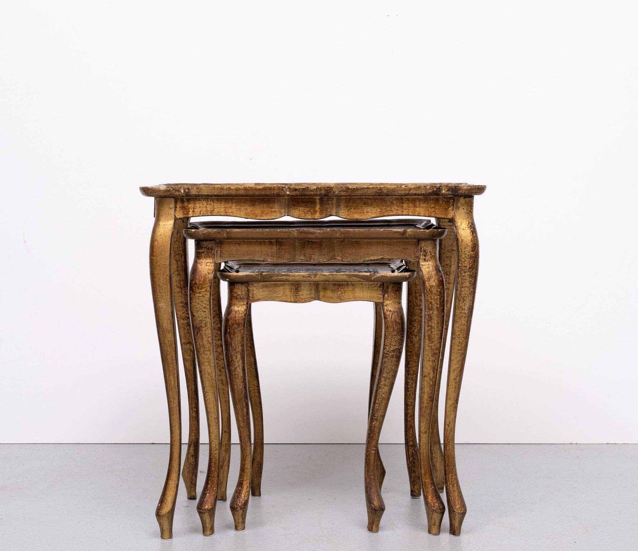 Triptych Florentine Gold and Red Wood Italian nesting Tables, 1960
