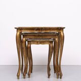 Triptych Florentine Gold and Red Wood Italian nesting Tables, 1960