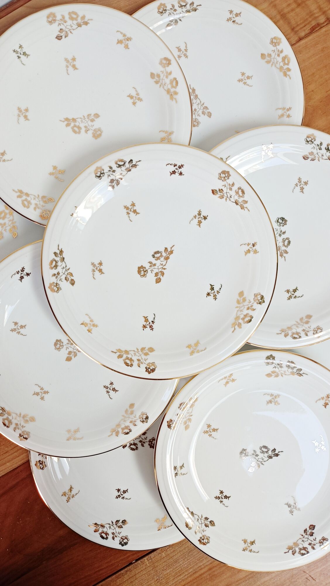 Set of 9 flat plates in Limoges porcelain, white and gold