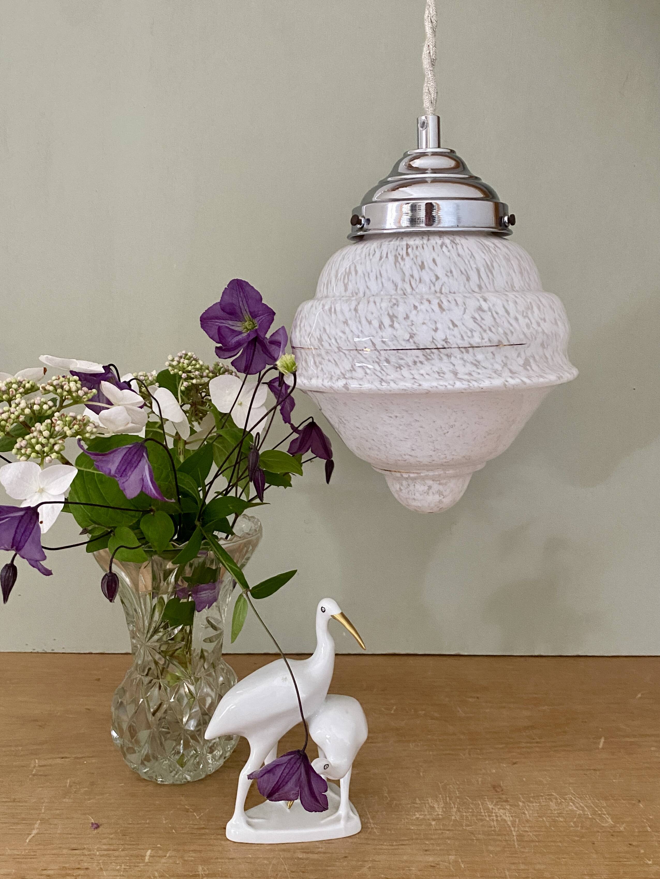 Vintage art deco globe pendant light in white Clichy glass