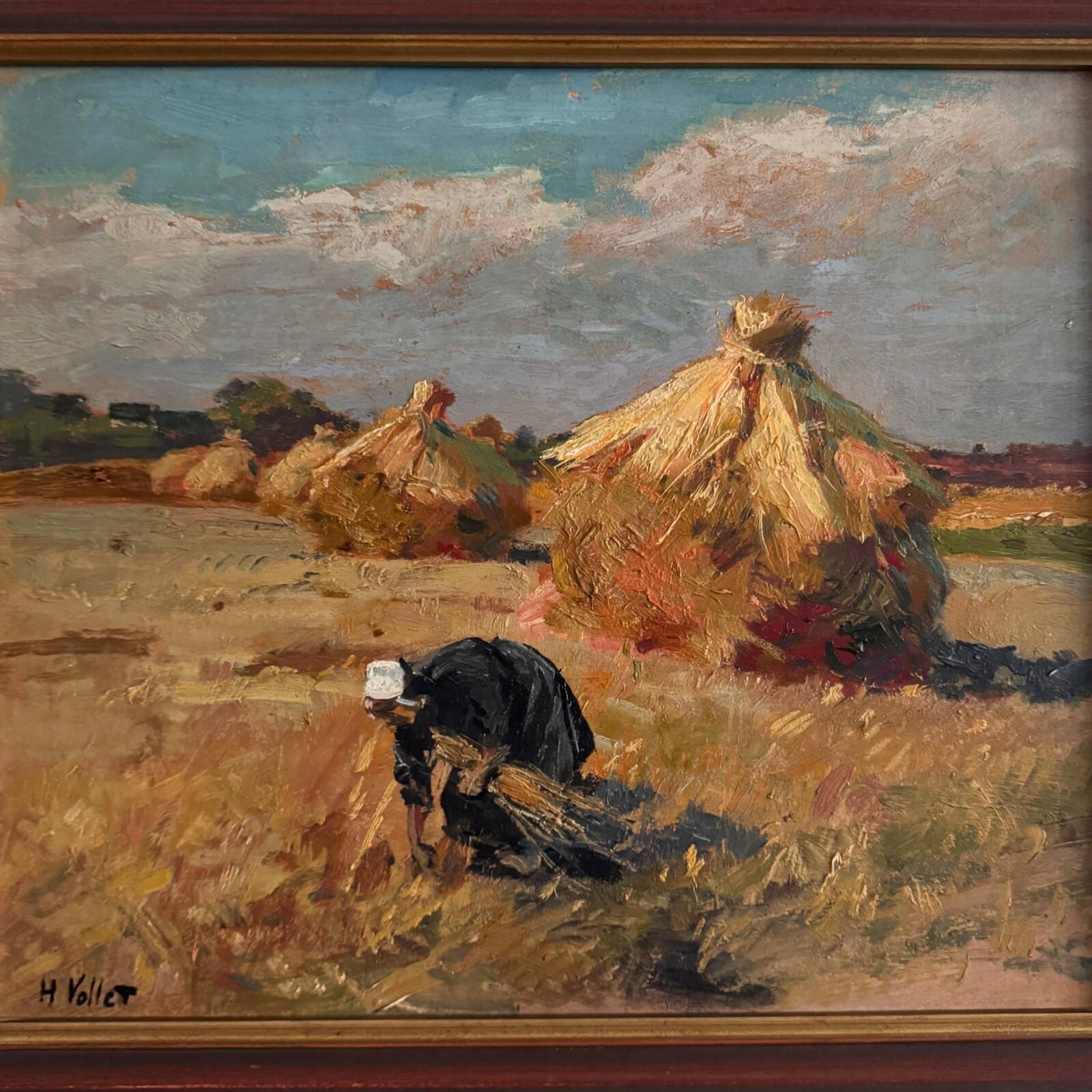 Oil on panel by Henri Vollet Breton woman gathering hay