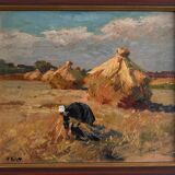 Oil on panel by Henri Vollet Breton woman gathering hay