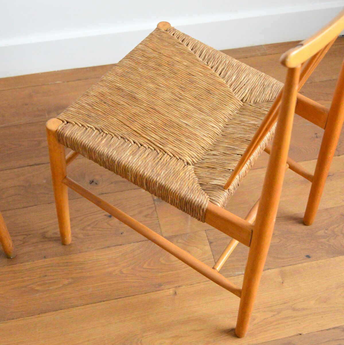 Pair of Dutch chairs wood and vintage straw 1950