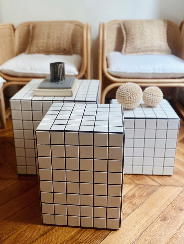 Side table cube piece of sofa tile mosaic white joint black ora 30x30xh40cm