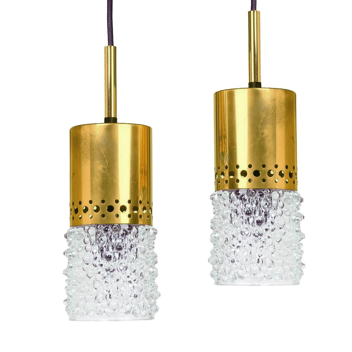 Pair of brass and bubble glass pendant lights by veb narva, 1970s