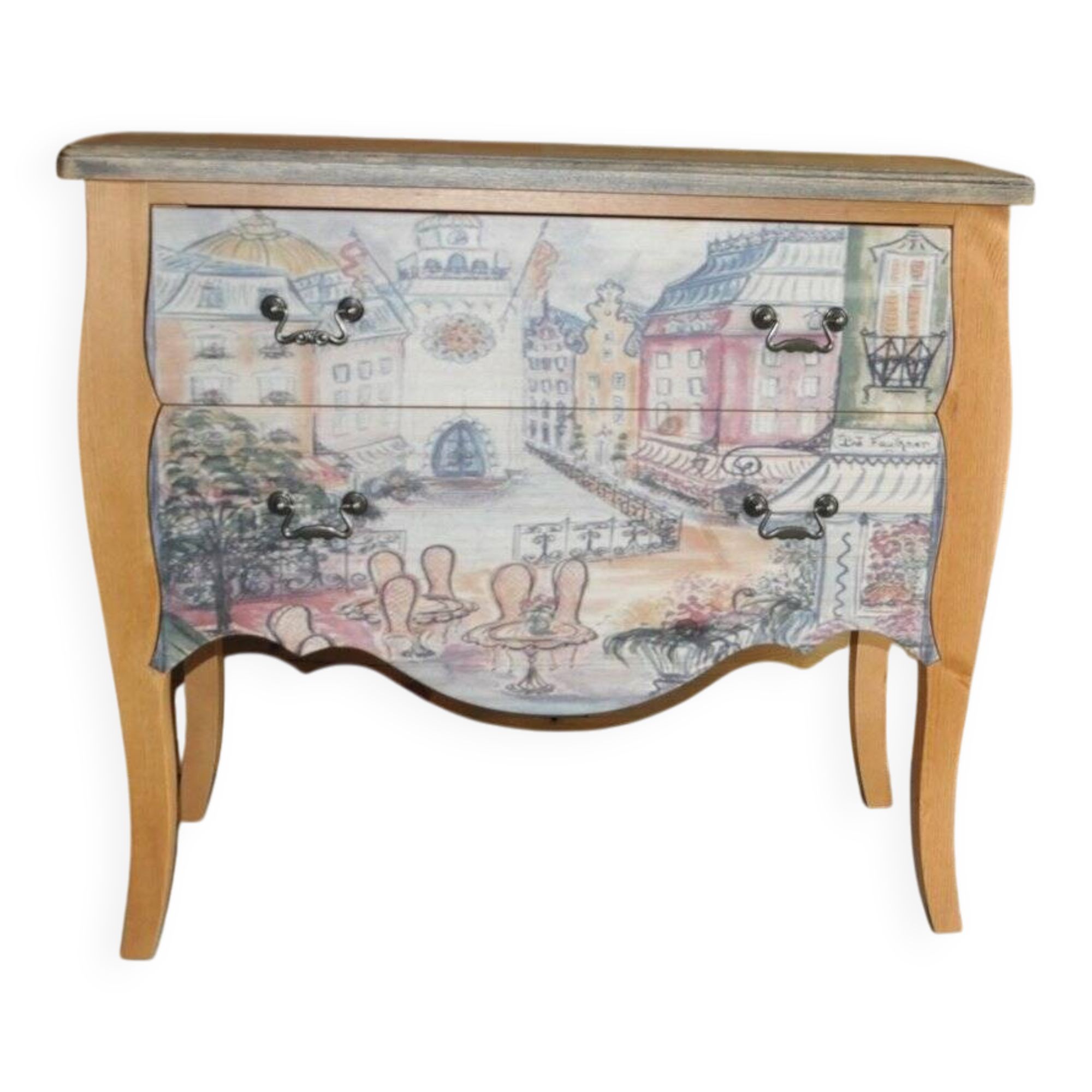 Baroque commode in multicoloured painted wood and black patinated oak with a photo of 'Paris'