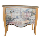 Commode baroque en bois peint multicolore et chêne patiné noir avec photo 'Paris'