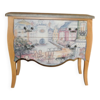 Baroque commode in multicoloured painted wood and black patinated oak with a photo of 'Paris'