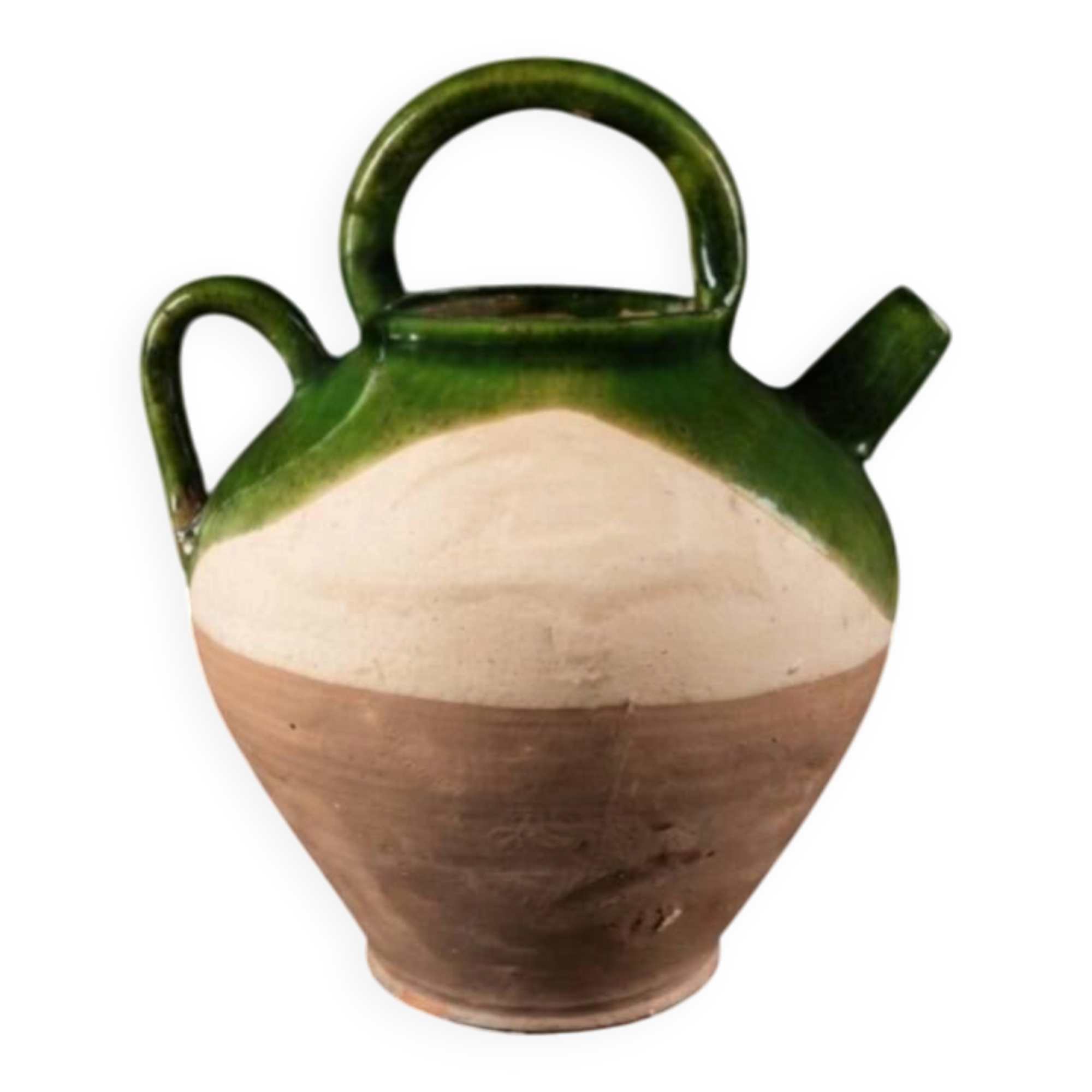 Cruche ancienne terre cuite émaillée verte XIXème siècle