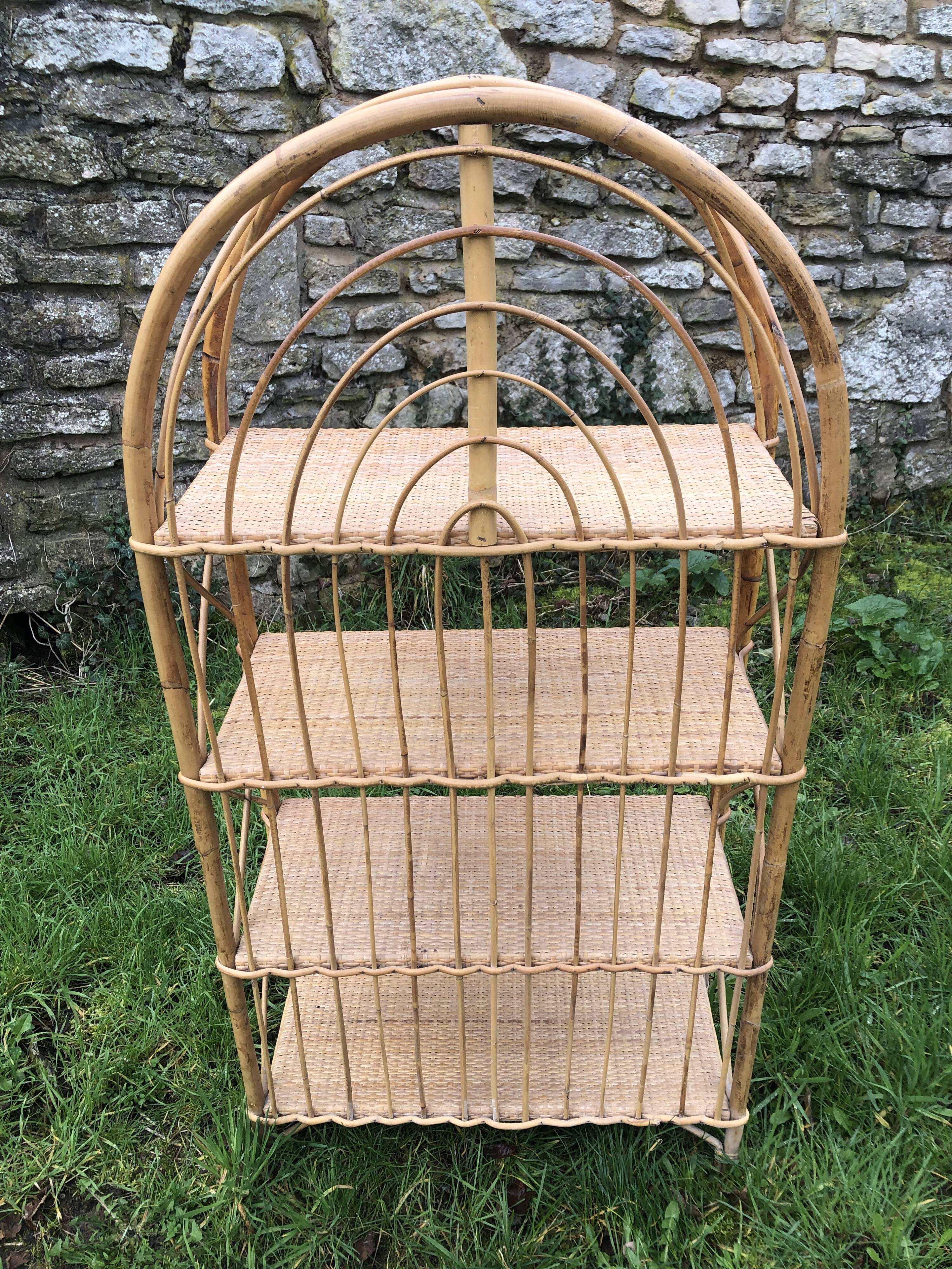Vintage 60s bamboo rattan standing shelf