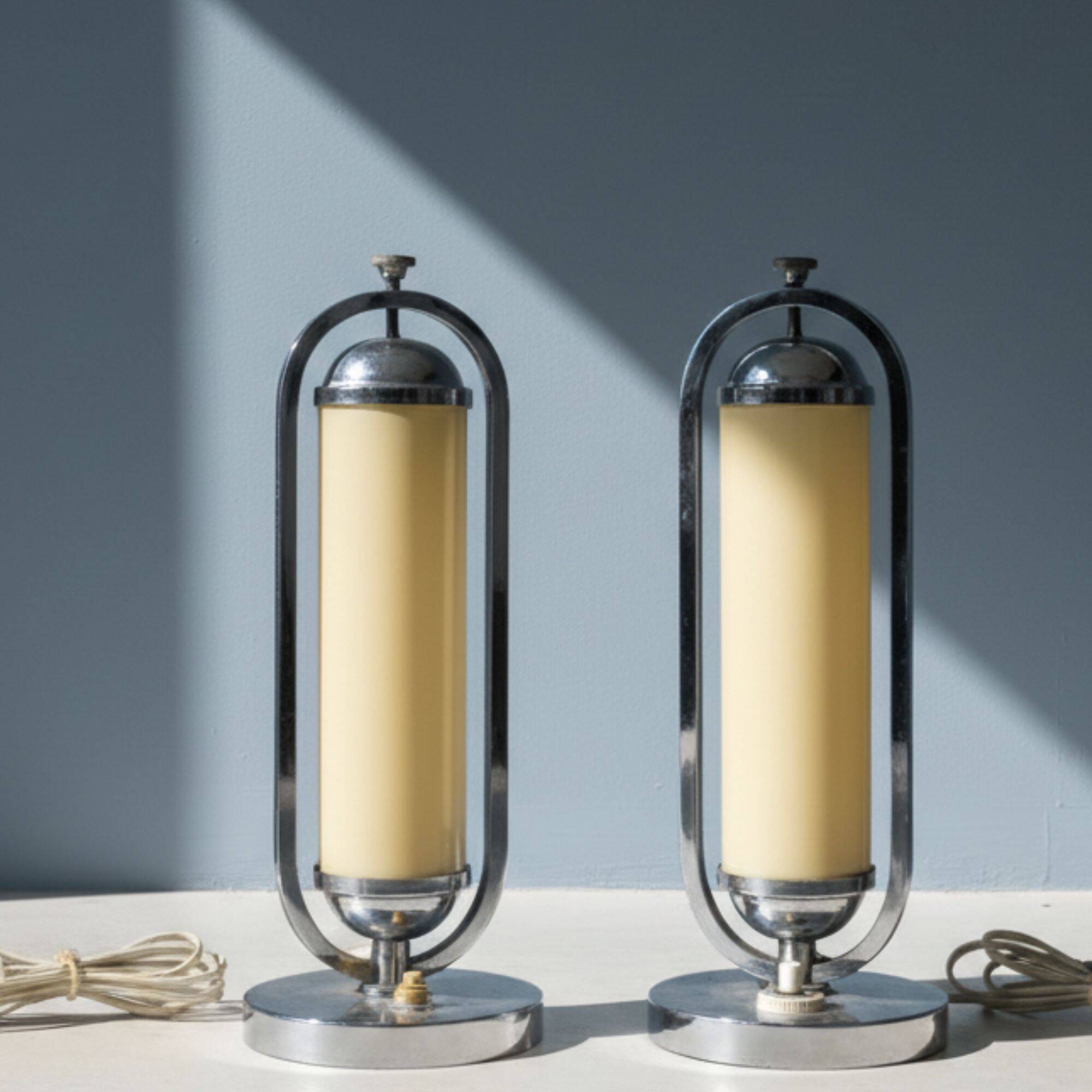 Pair of Bauhaus functionalist chrome table lamps, Czechoslovakia 1930s