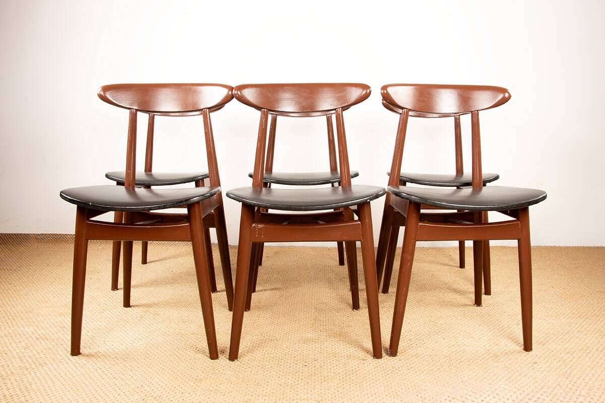Set of 6 Thonet dining chairs, in brown lacquered wood and black leatherette, 1960.