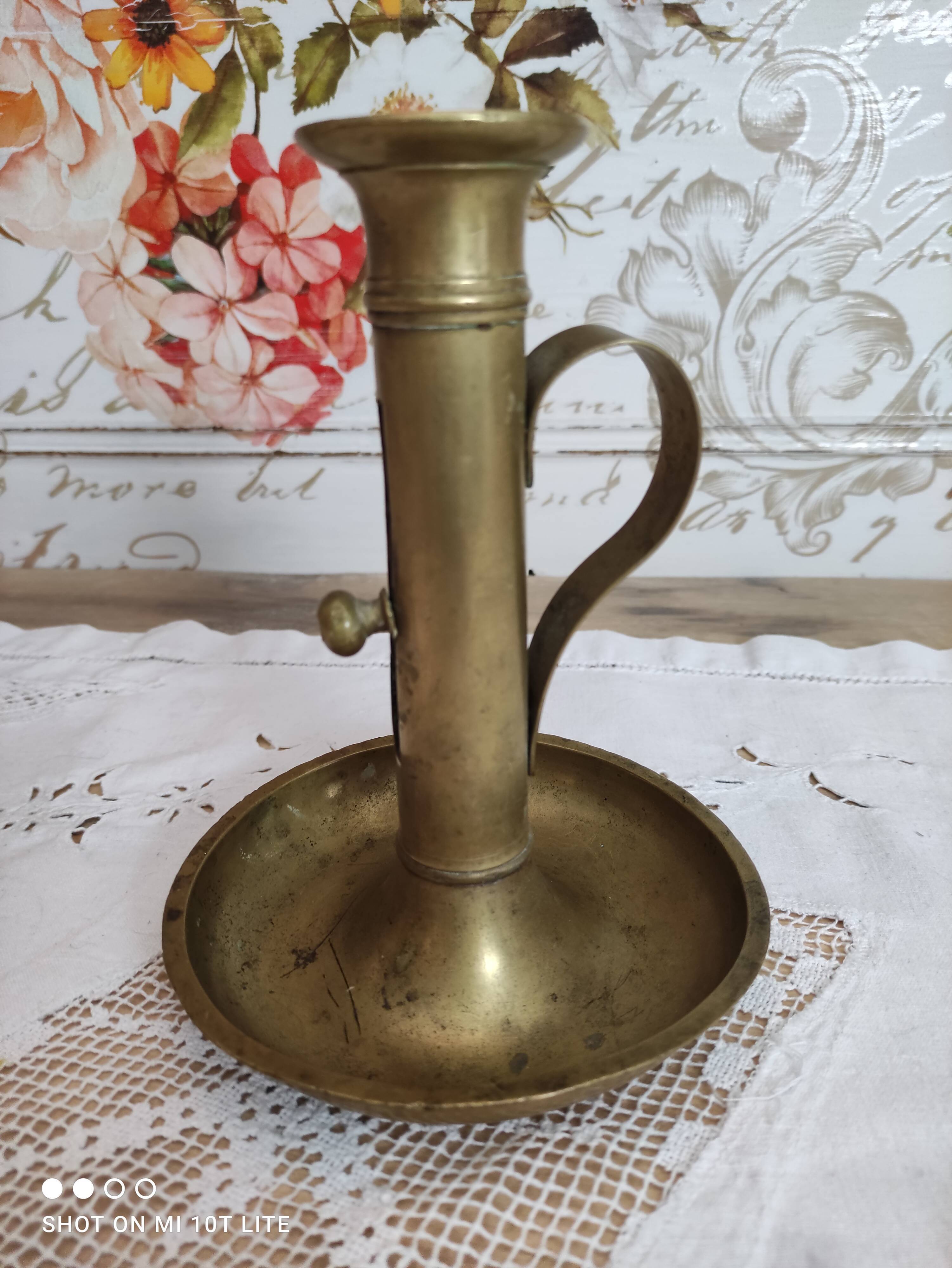 Brass push candle holder high handle
