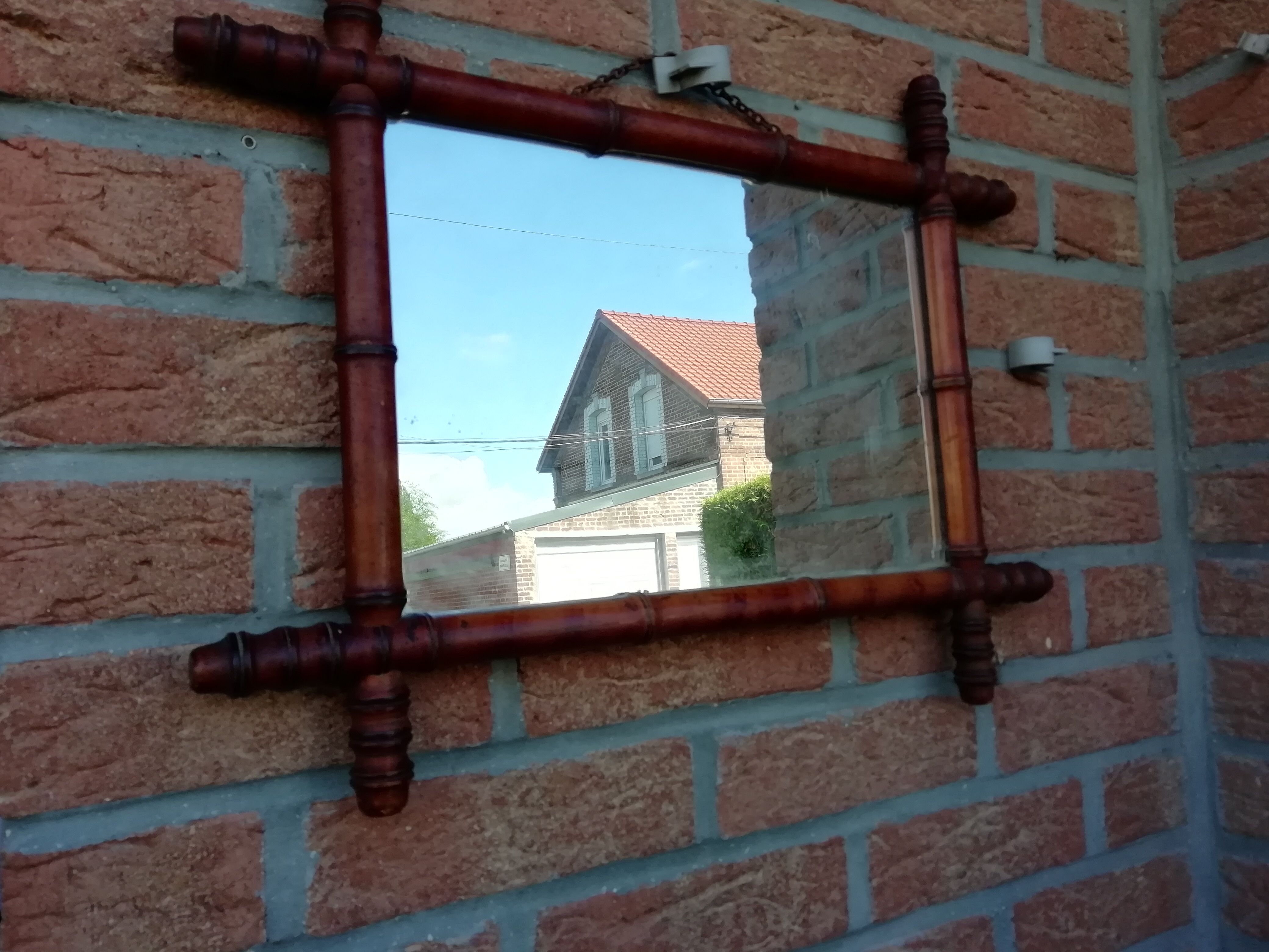 Old barber's mirror in bamboo varnished wood 55x44cm