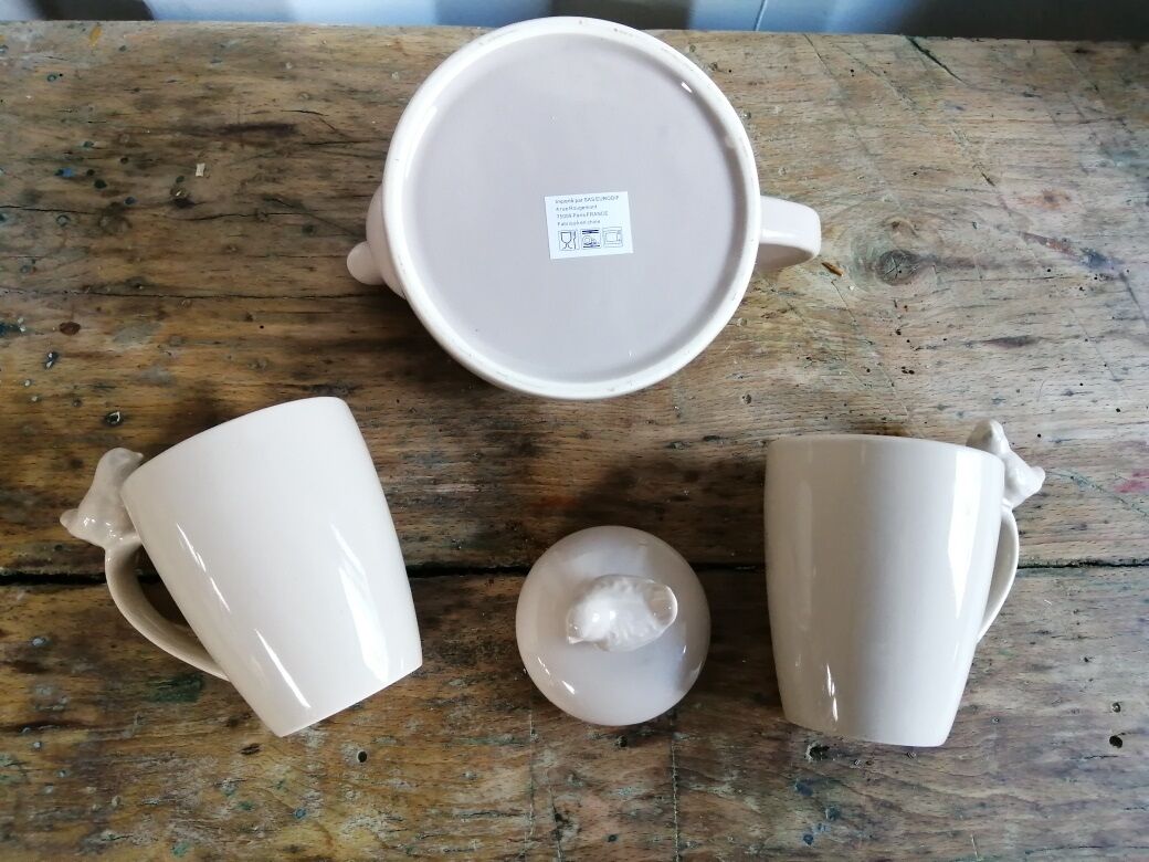 Tea service teapot cups porcelain beige bird décor