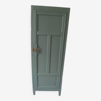 Vintage Parisian bonnetière, linen maker or dresser with 1 door, 3 shelves, re-enchanted in smoky green.