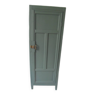 Vintage Parisian bonnetière, linen maker or dresser with 1 door, 3 shelves, re-enchanted in smoky green.