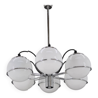 Lustre italien en chrome et verre opalin Targetti Sankey des années 1970