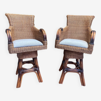 Pair of wicker and rattan bar stools