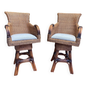 Pair of wicker and rattan bar stools