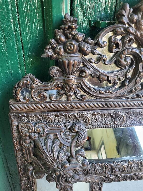 Louis xvi style repousse brass mirror with glass beads