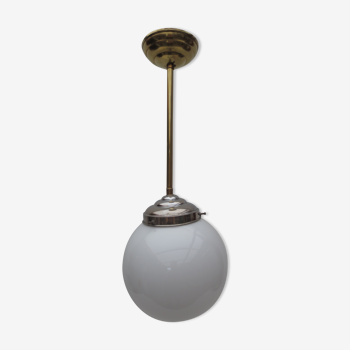 Old hanging lamp, brass stem and white opaline globe