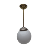Old hanging lamp, brass stem and white opaline globe