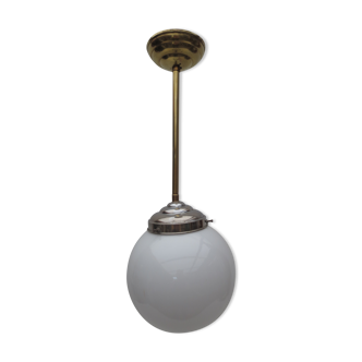 Old hanging lamp, brass stem and white opaline globe