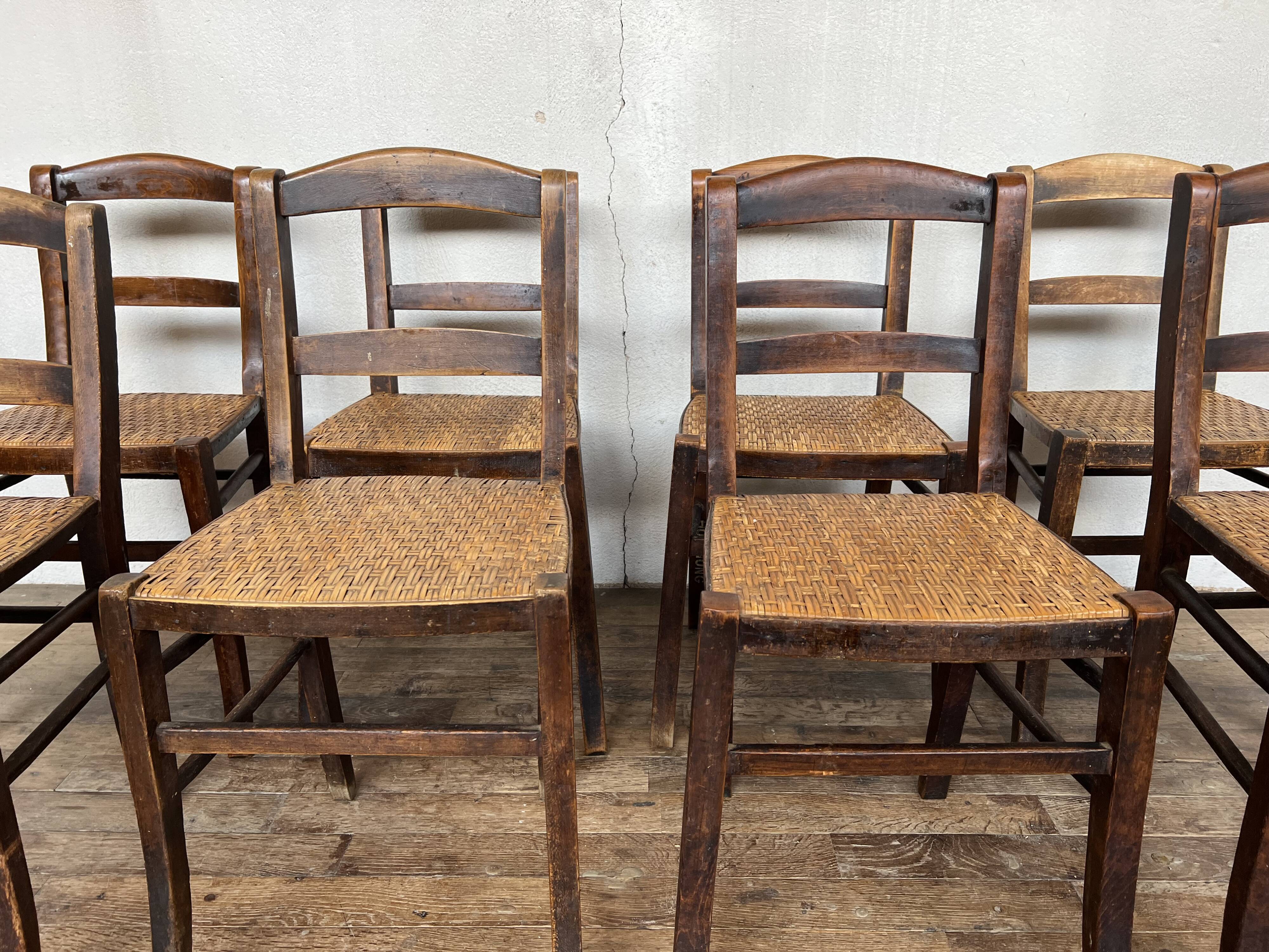 Series of 8 vintage bistro chairs early 20th wood and straw
