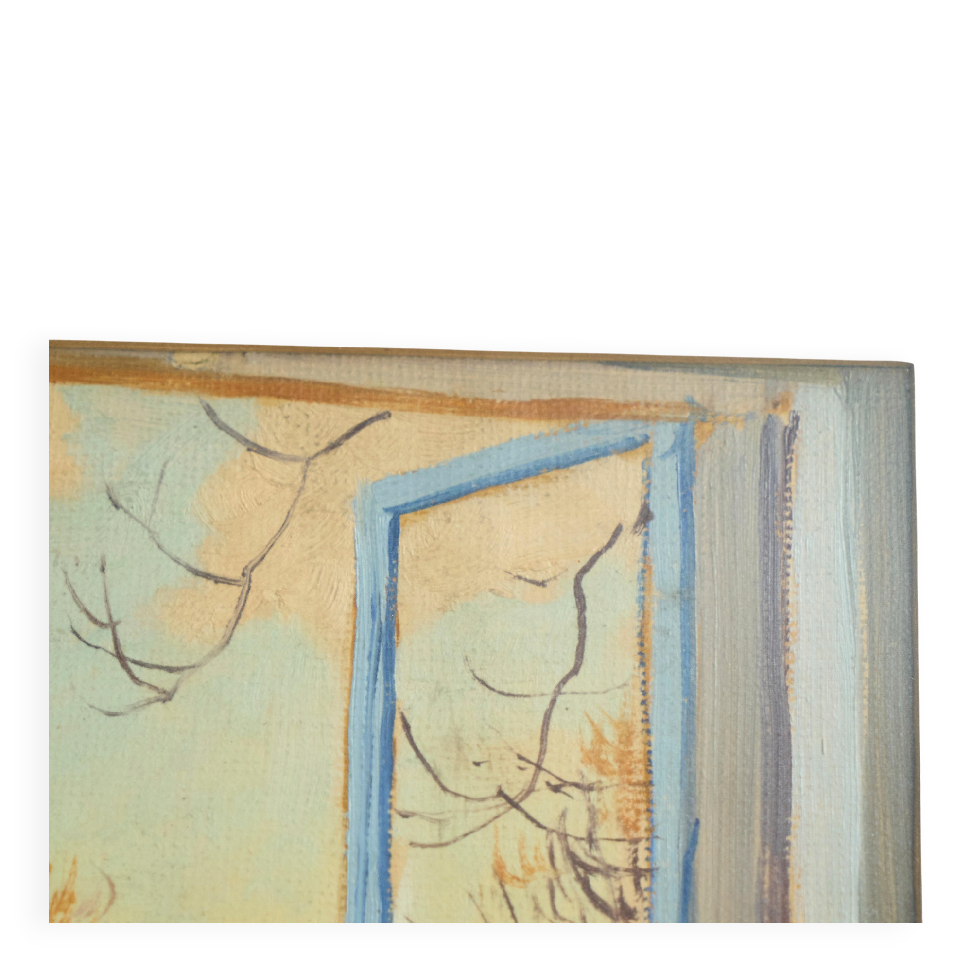 Painting of an open window with flowers, Belgium early 20th century.