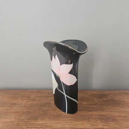 Vintage Yamaji vase in black porcelain with pastel flowers - Japan 1980s