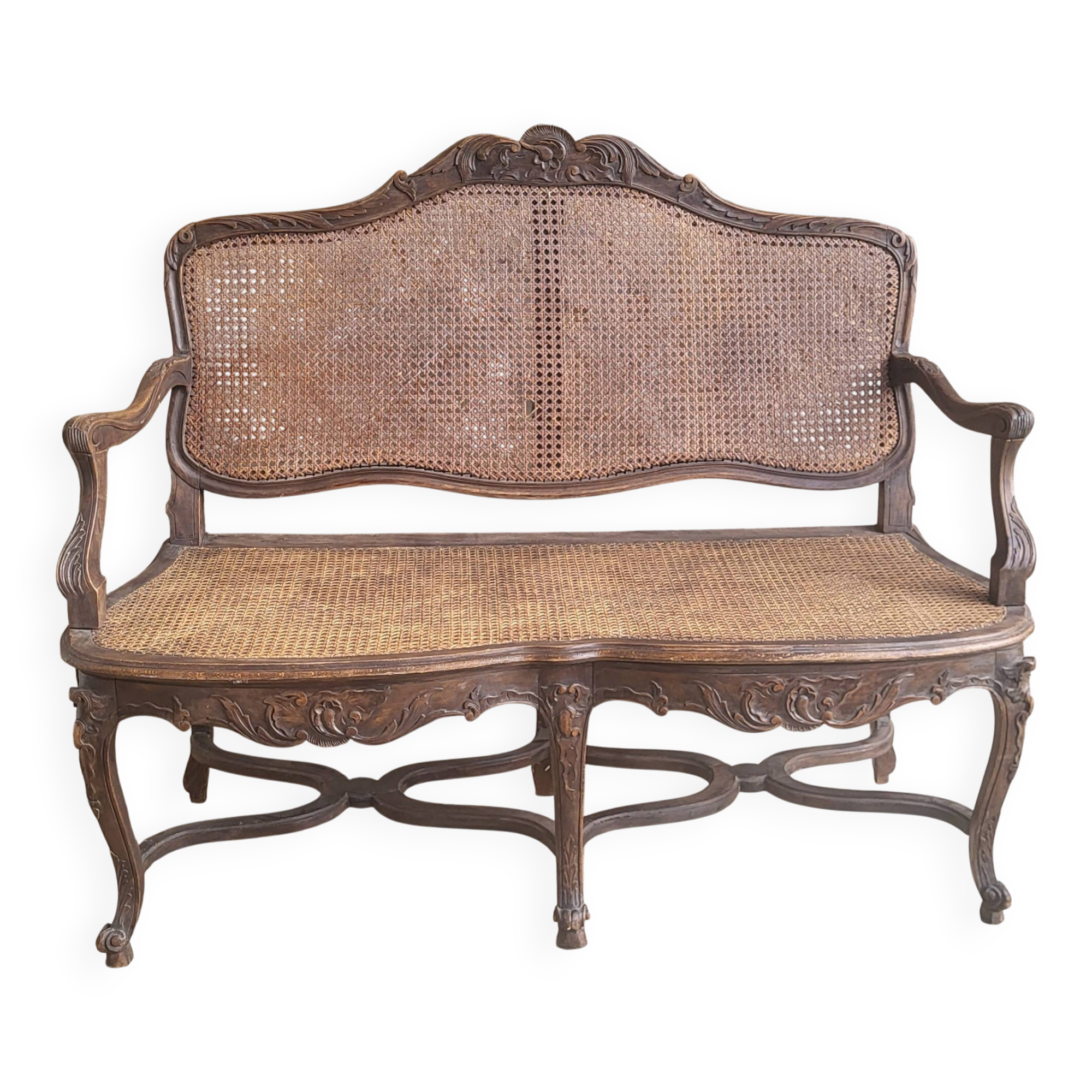 Louis XV rattan cane bench, 19th century