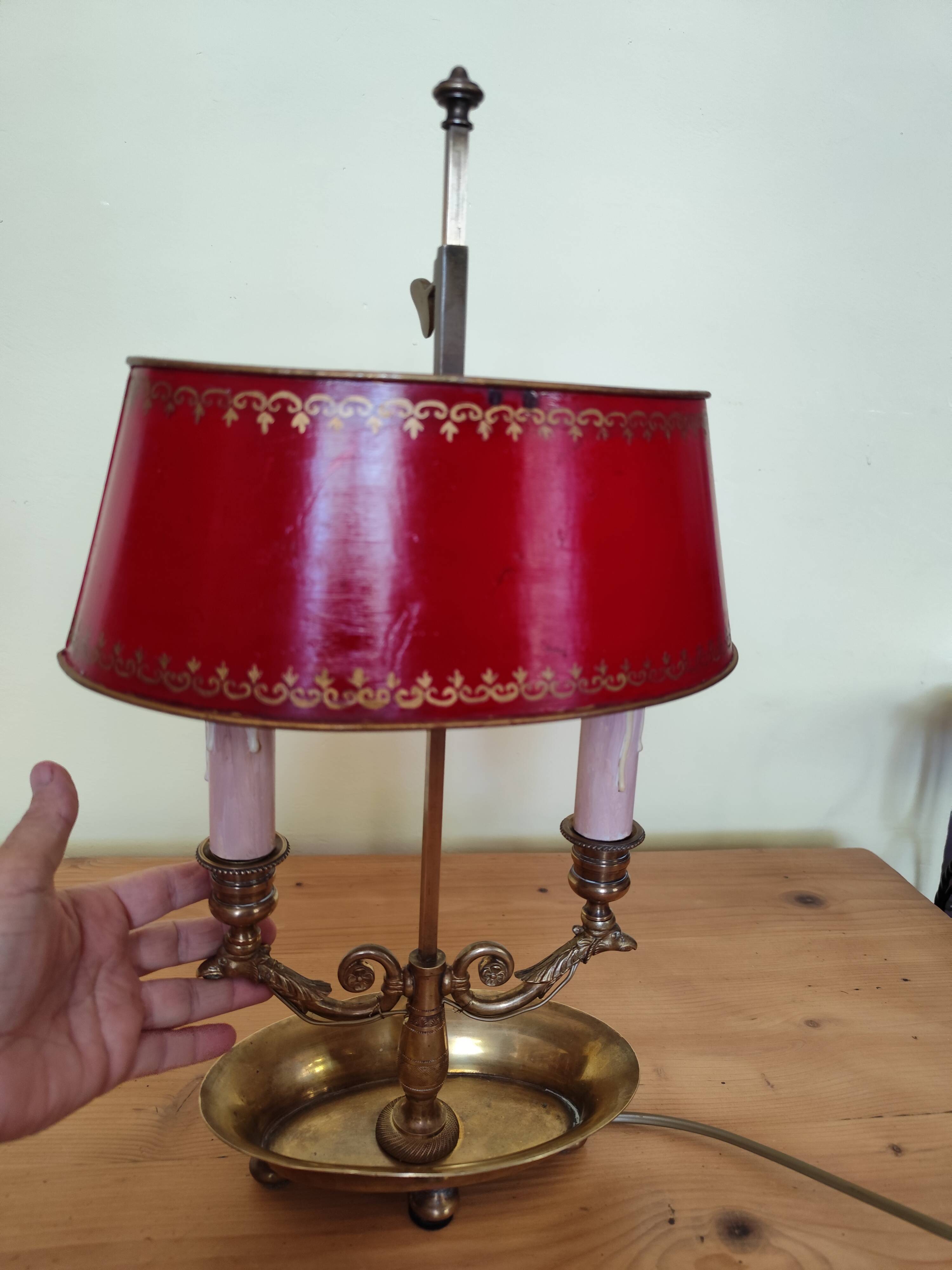bronze and brass 2-bulb bouillotte lamp, red desk lamp