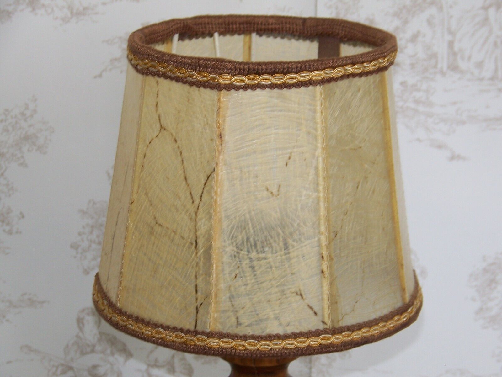 Small French Round Turned Wood Table Lamp With Hand Made Hide Skin Shade 4355