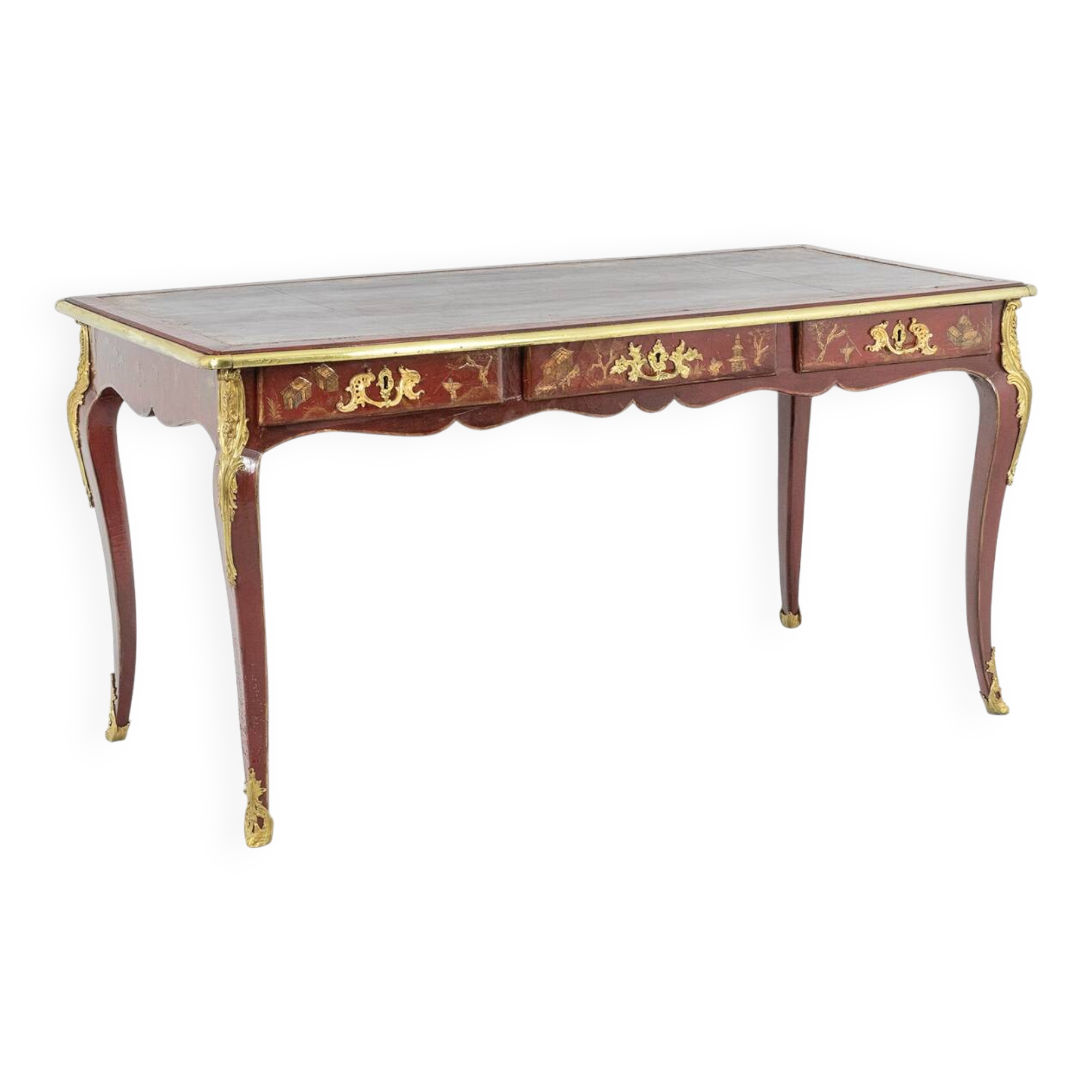 Louis XV style bureau plat with lake scene decoration. Circa 1850.