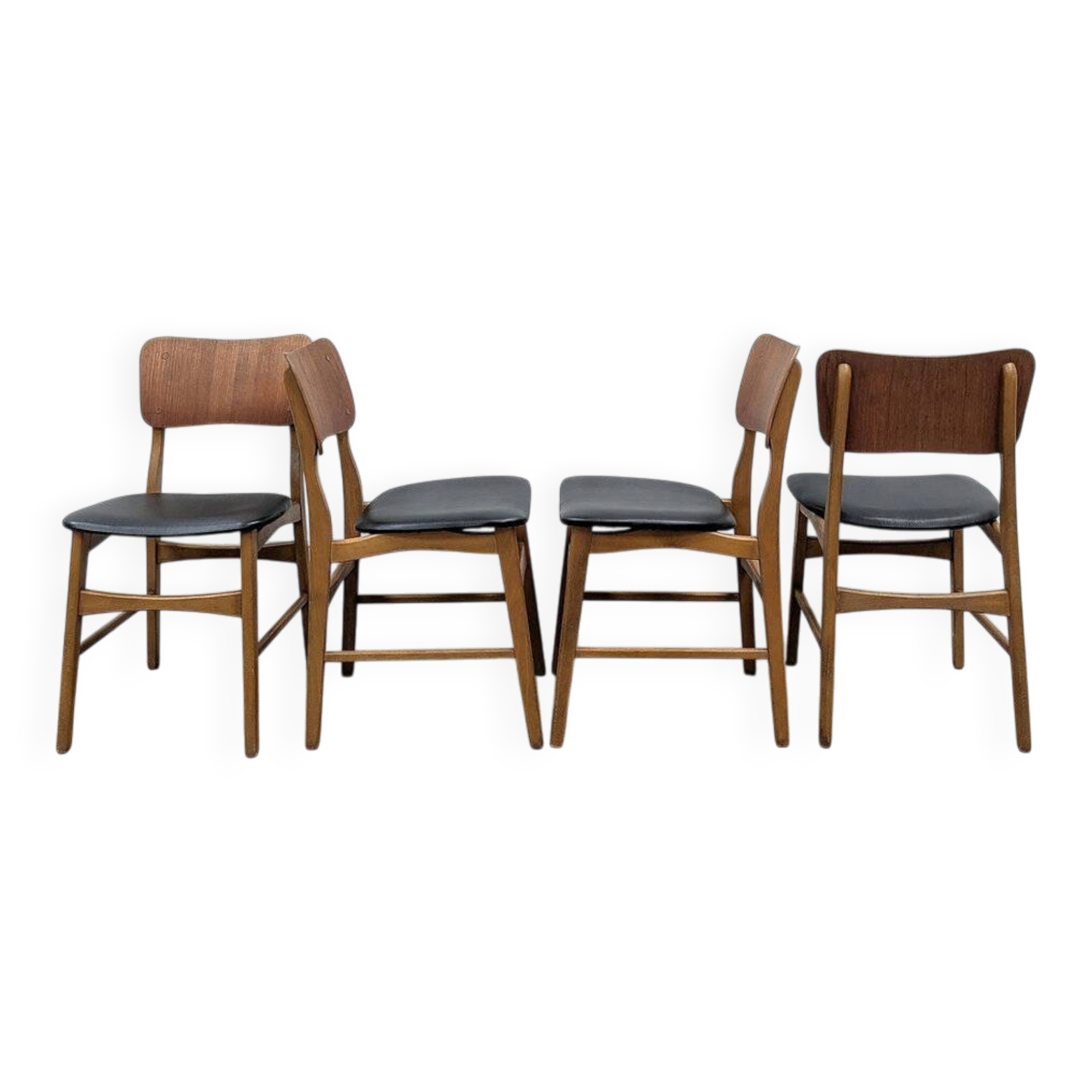 Set of 4 Danish chairs in teak and black faux leather, 1960s.