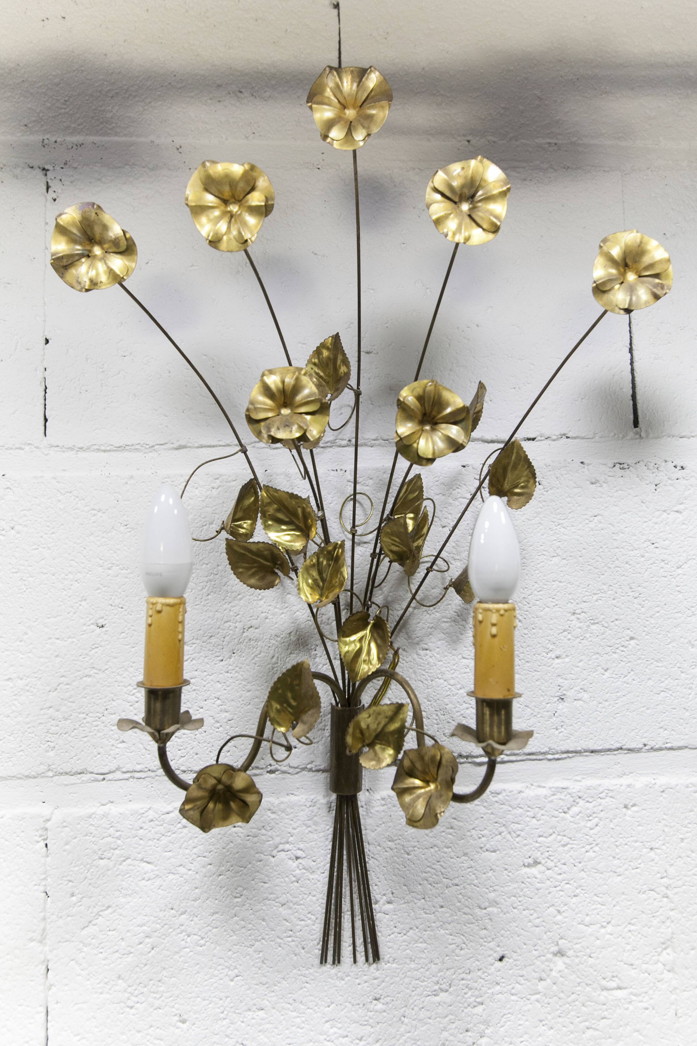Pair of double flower bouquet sconces in brass 1960
