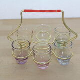 Set de 6 verres à liqueur colorés et irisés dans leur support en laiton