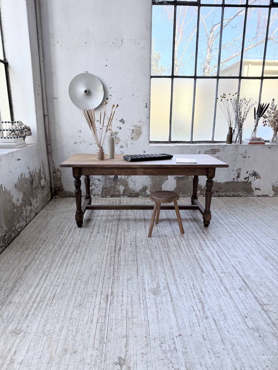 Farm table with turned legs, made of pine and birch, 180cm.