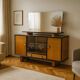 Vintage walnut veneer sideboard with mirror, Italy 1960s