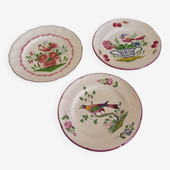 3 semi-deep earthenware plates, Saint Clément, vintage (73 and 76). Flower, bird and rooster patterns