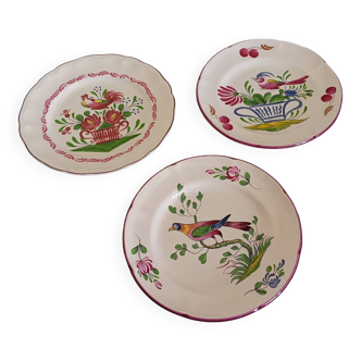 3 semi-deep earthenware plates, Saint Clément, vintage (73 and 76). Flower, bird and rooster patterns