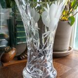 Carved solid crystal vase, floral decoration