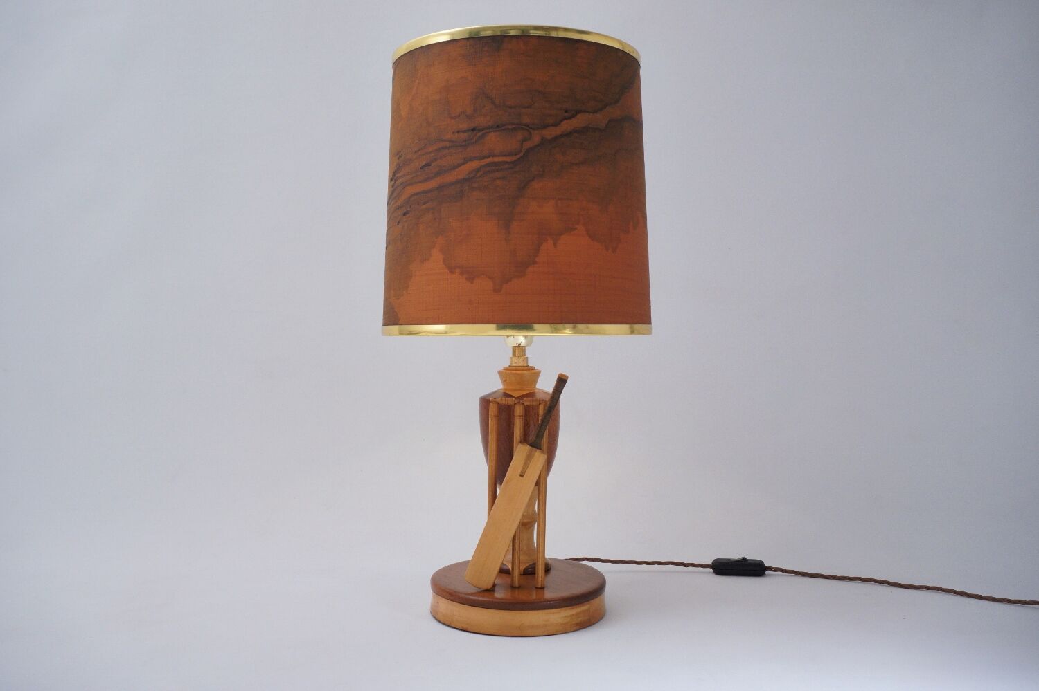 Marquetry wood inlaid table lamp, sport cricket theme, 1950`s ca, English, Rewired