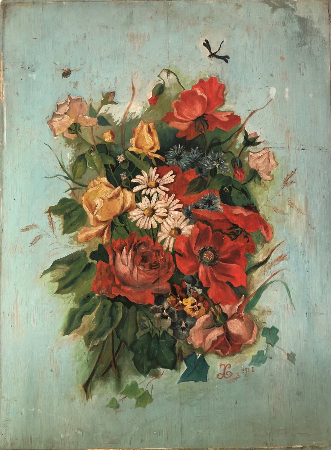 Tableau huile sur panneau bouquet début XXeme.