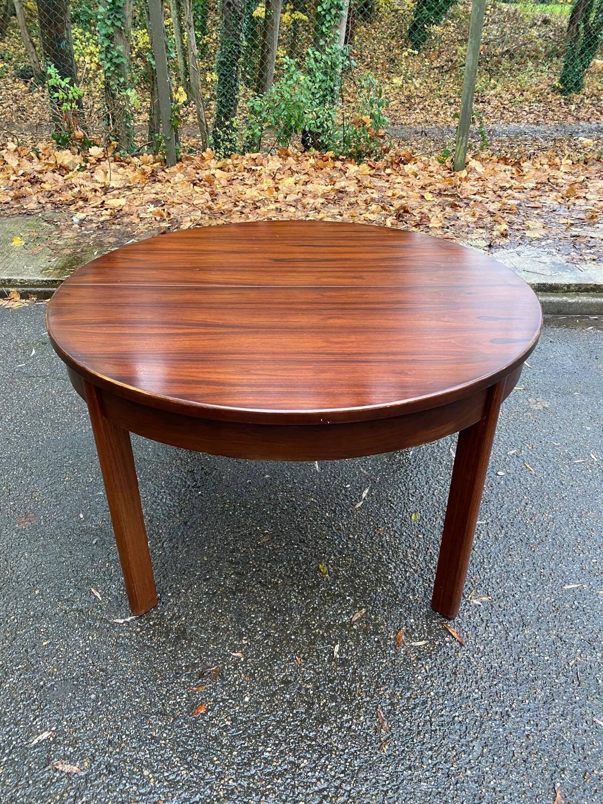 Scandinavian dining table and 4 Hans Olsen style chairs in teak and velvet.