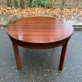 Scandinavian dining table and 4 Hans Olsen style chairs in teak and velvet.