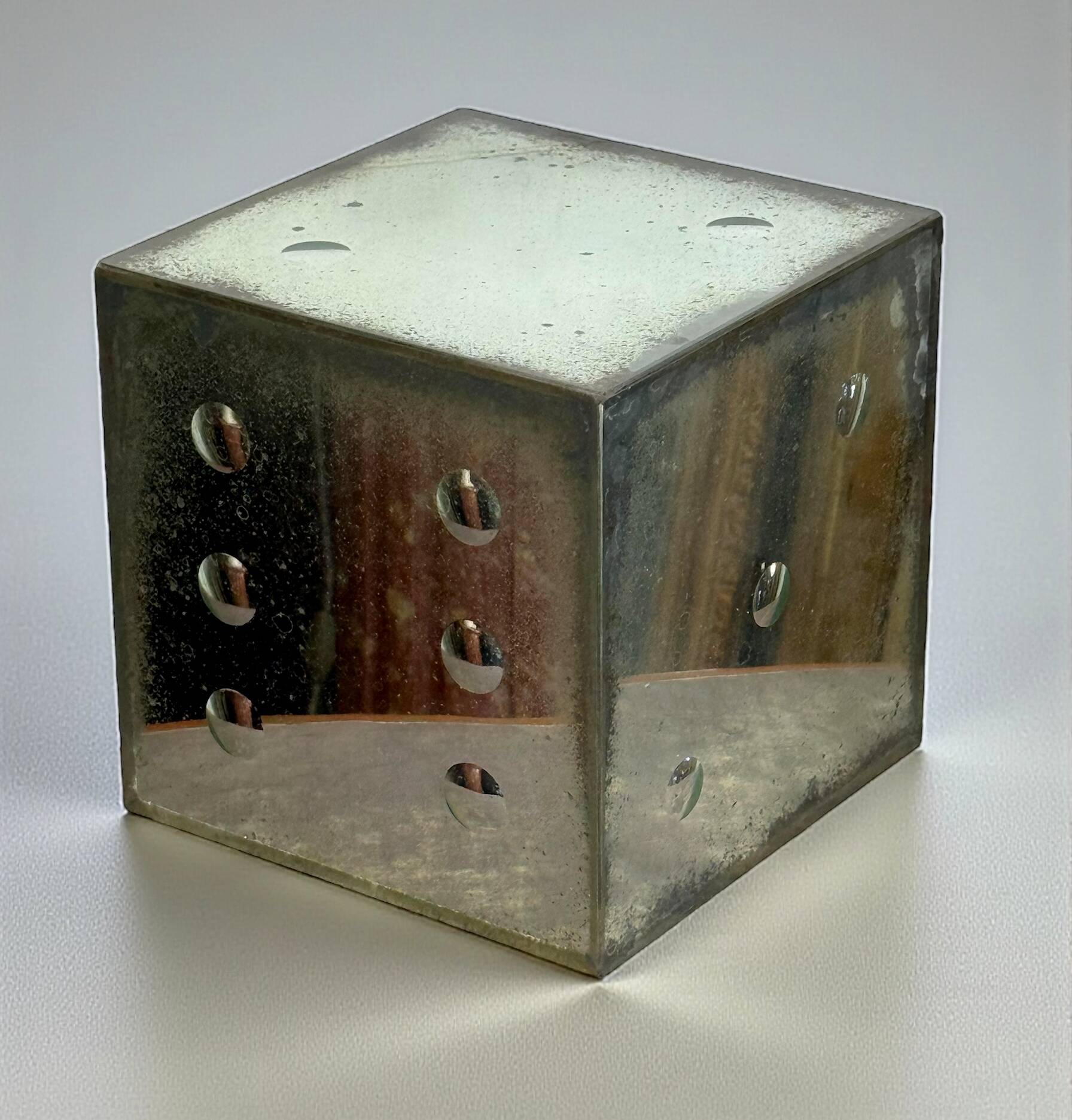 Large aged glass dice from the 70s with bubble shaped numbers