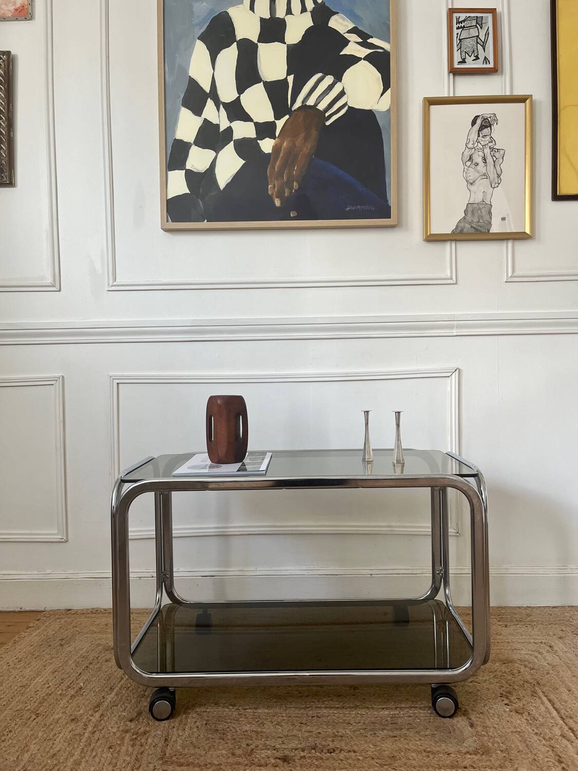 Rolling serving cart in chromed steel and smoked glass, 70s design